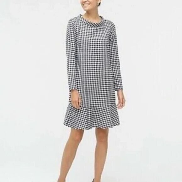 J. Crew Dress Women XS Black white Checked Buffalo Plaid Ruffle Preppy Old money - Picture 1 of 16